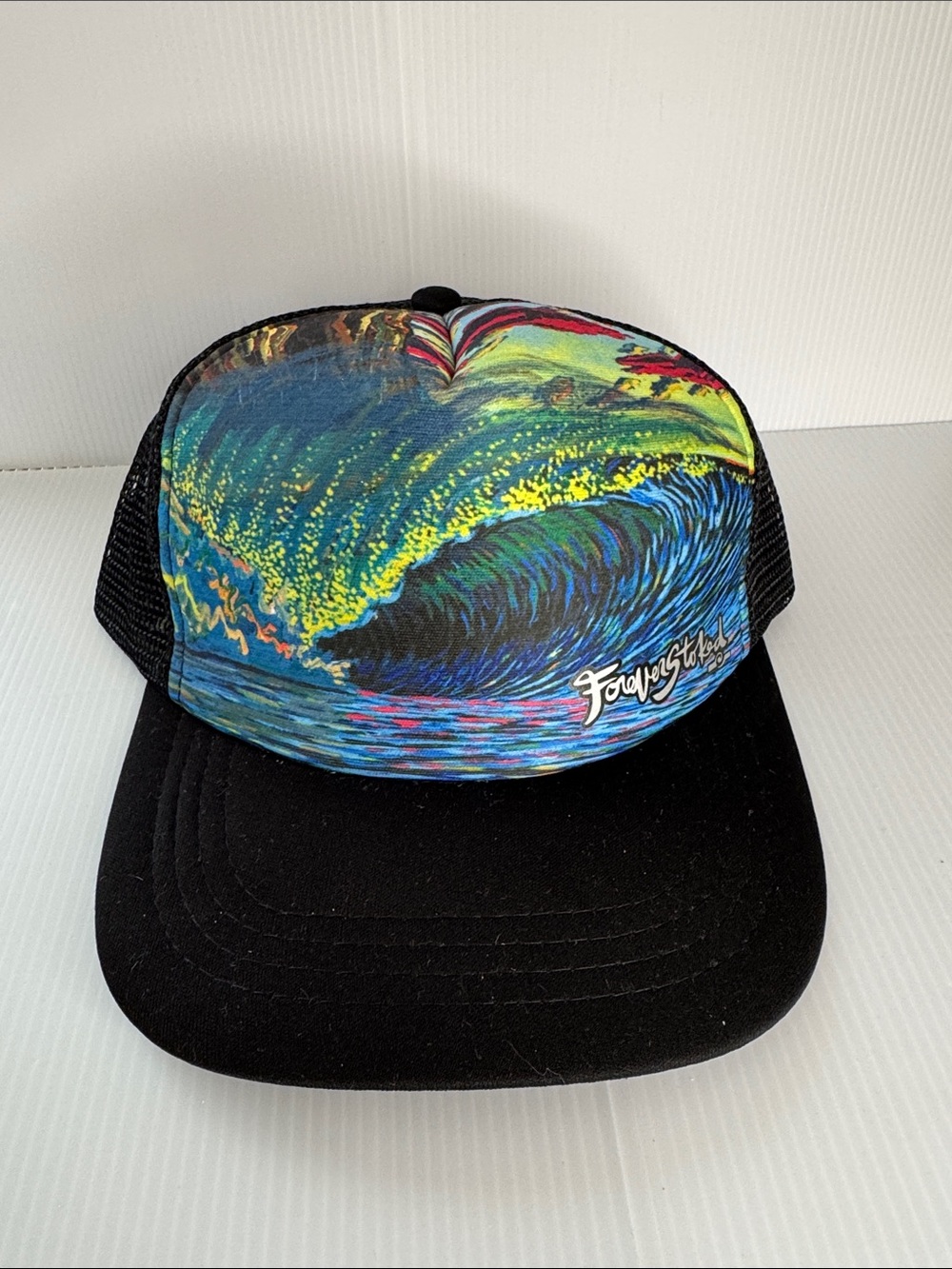 Black Trucker Hat with Colorful Wave Print